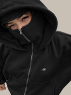 Damen Balaclava Zip Hoodie schwarz vorne HOODJOGGER Streetwear Hoodie für Frauen